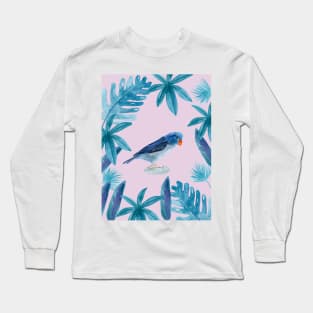 Blue Pacific Parrotlet with tropical leaves and violet background Long Sleeve T-Shirt